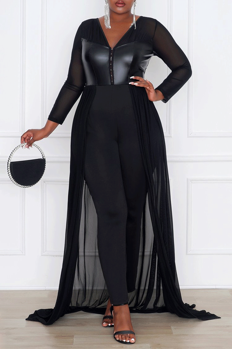 Detachable Skirt Jumpsuit With Skirt Overlay Plus Size Design Plus Size Black PU Splicing Mesh Tulle Detachable Skirt Jumpsuit With Skirt Overlay Plus Size Design Plus Size Black PU Splicing Mesh Tulle