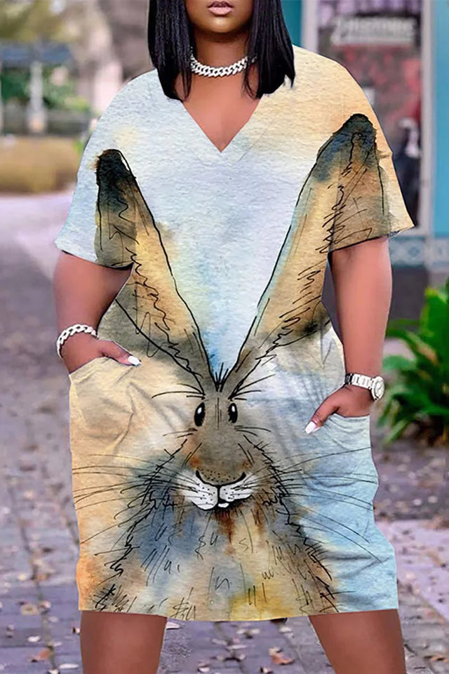 Plus Size White Casual Graphic Print V Neck Short Sleeve Loose Midi Dress Image