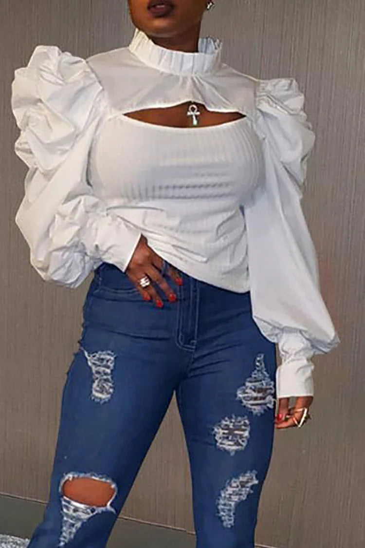 Plus Size White Daily Cut Out Puff Sleeve Blouses