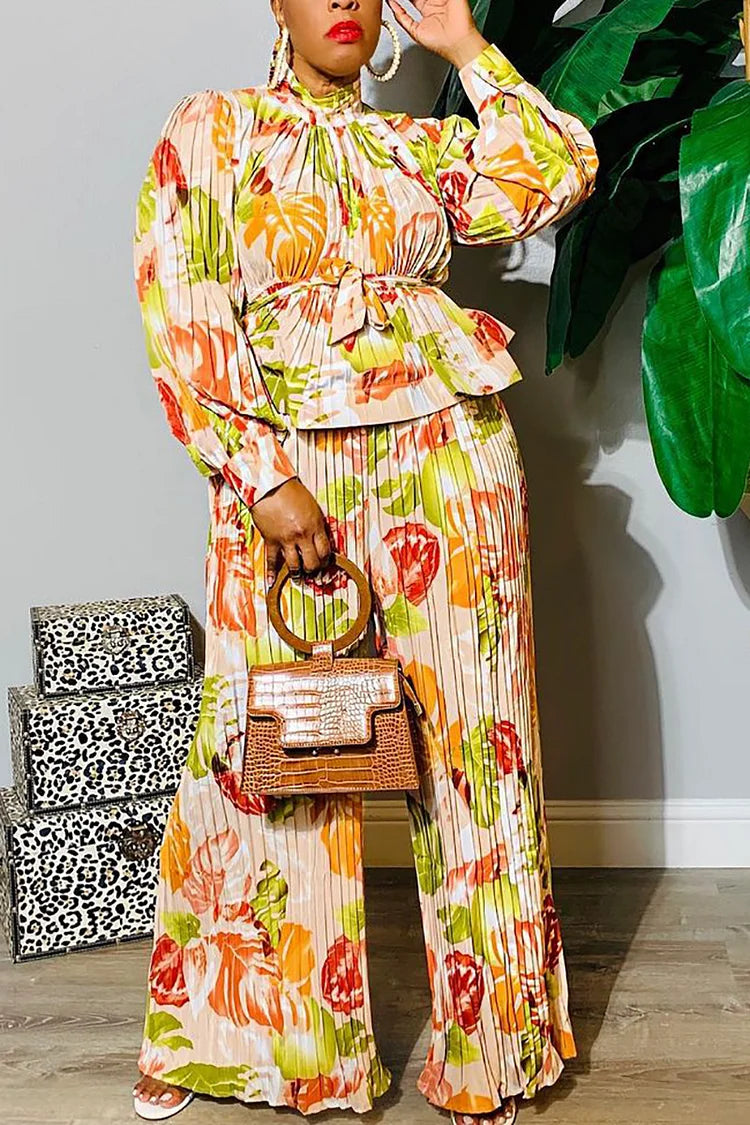 Plus Size Yellow Vacation Floral Print Pleated Two Pieces Pants Set