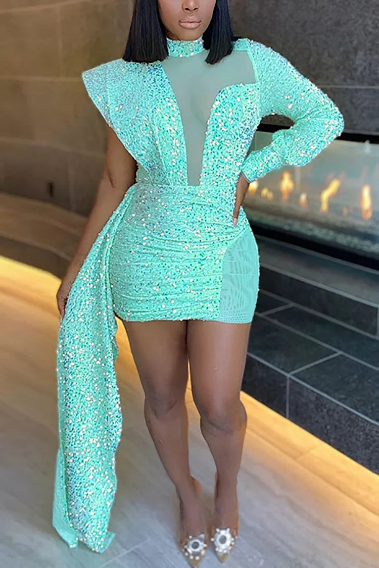 Plus Size Party Mesh One Shoulder Side Train Sequin Light Blue Mini Dress