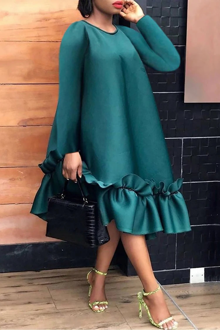 Xpluswear Plus Size Green Semi Formal Ruffled A-Line Long Sleeve Midi Dress