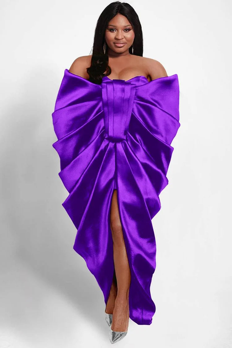 Plus Size Purple Formal Satin Off The Shoulder Fold Maxi Dress