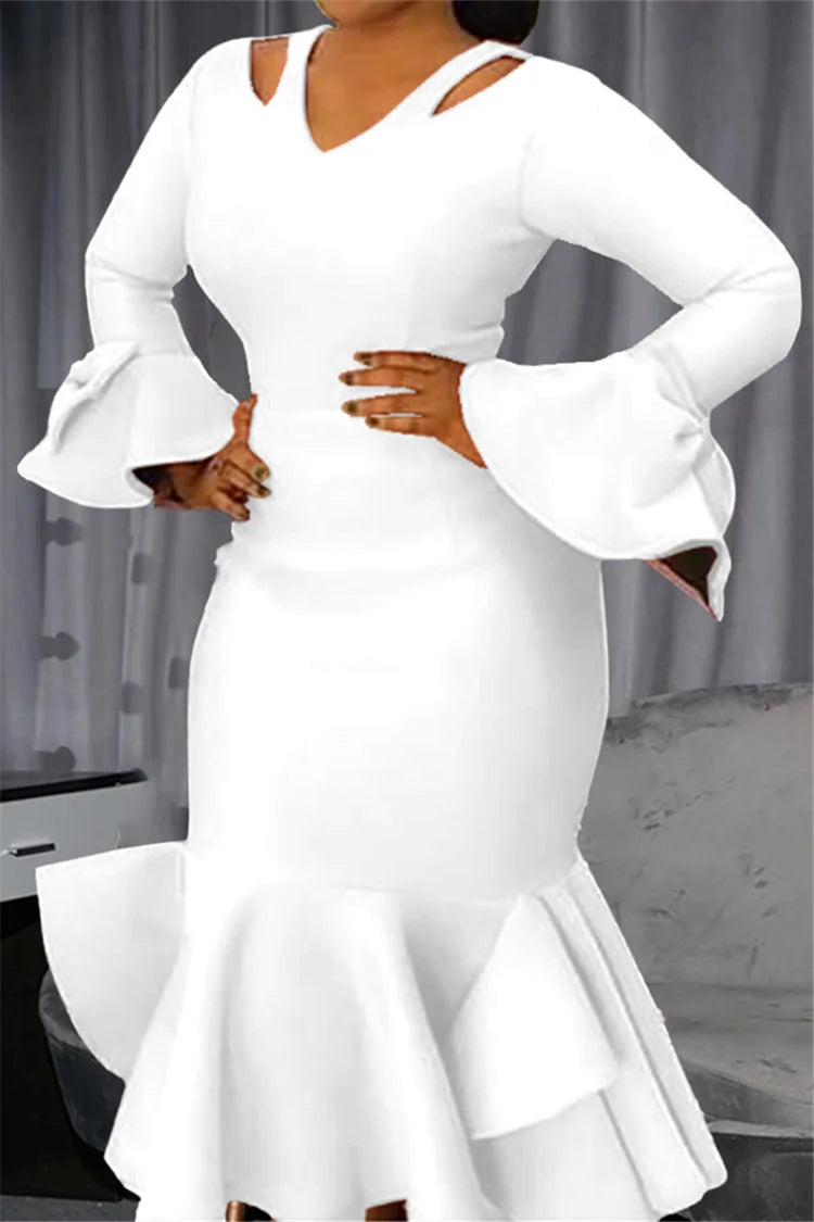 Xpluswear Plus Size White Formal Puff Sleeves Hollow Out V Neck Bodycon Mermaid Midi Dress