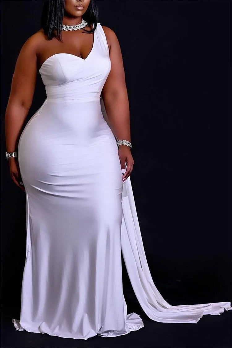 Plus Size White Formal Champagne Elegant One-Shoulder Wedding Dress Maxi Dress