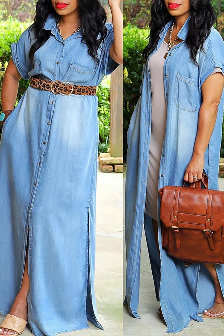 Plus Size Blue Daily Washed Denim With Pockets Maxi Dresses (Without Belt)