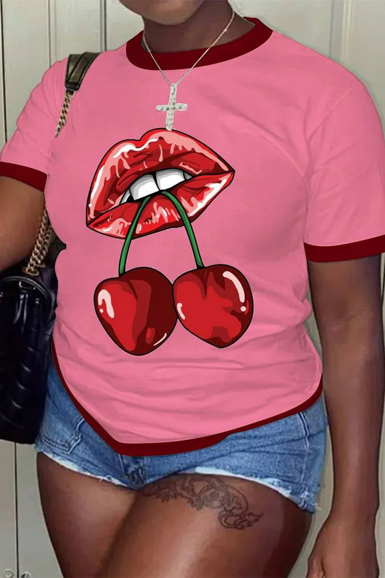 Plus Size Casual Lips Cherry Print Pink T-Shirts