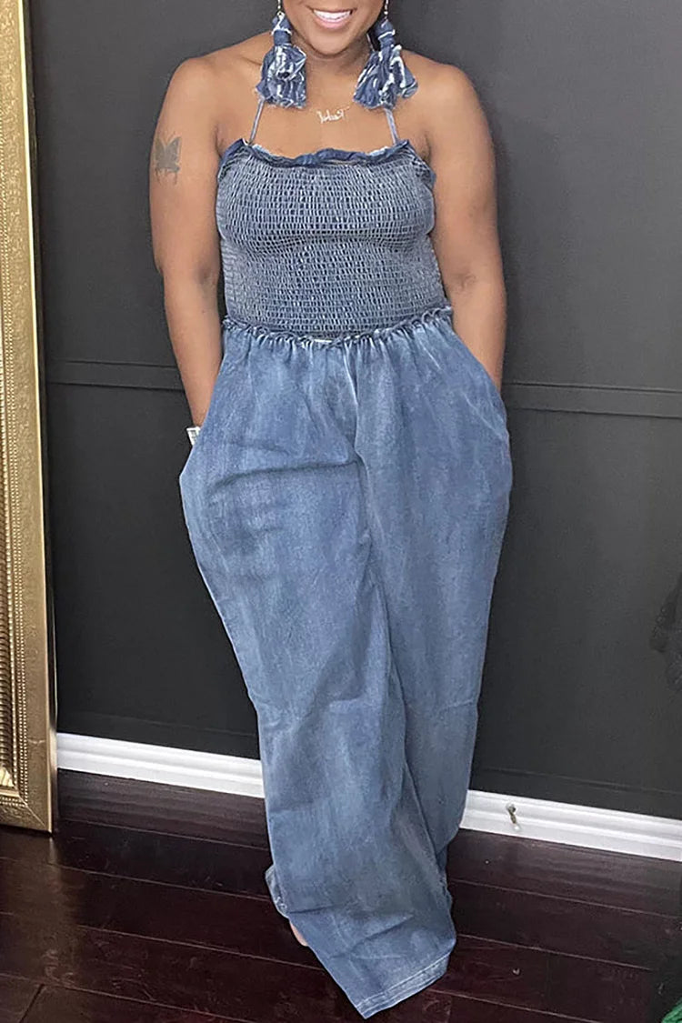 Plus Size Blue Casual Smocking With Pocket Denim Wide Leg Jumpsuits
