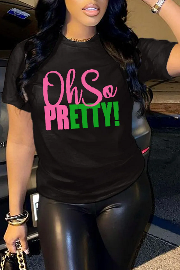 Plus Size Black Daily Letter Print Basic T-Shirts