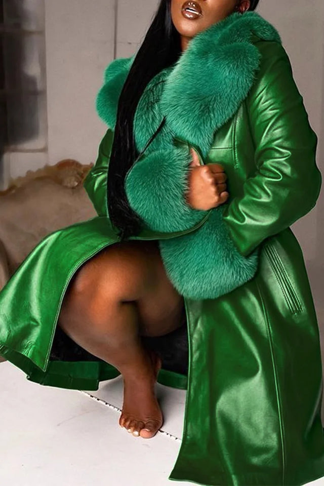 Plus Size Daily Emerald Green Turndown Collar Faux Fur Patchwork With Button Long Sleeve PU Leather Winter Ankle Length Outwear Image