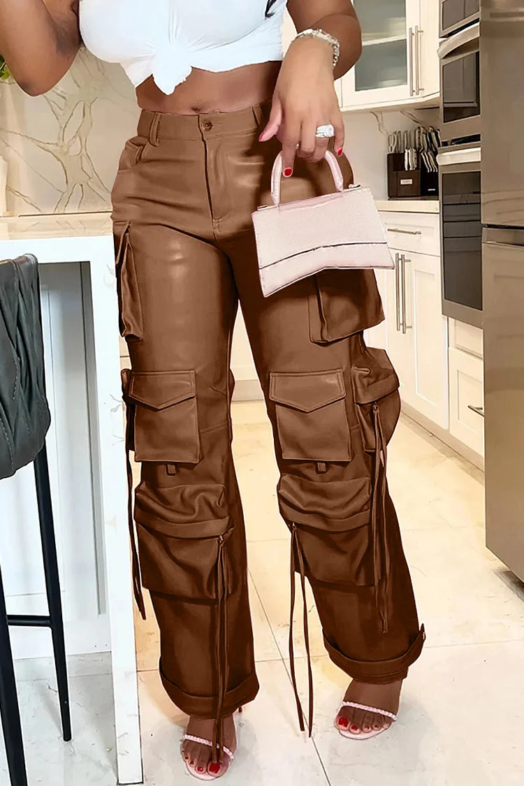 Plus Size Khaki Daily PU Leather Casual Pockets Trousers Relaxed Fit Cargo Pants