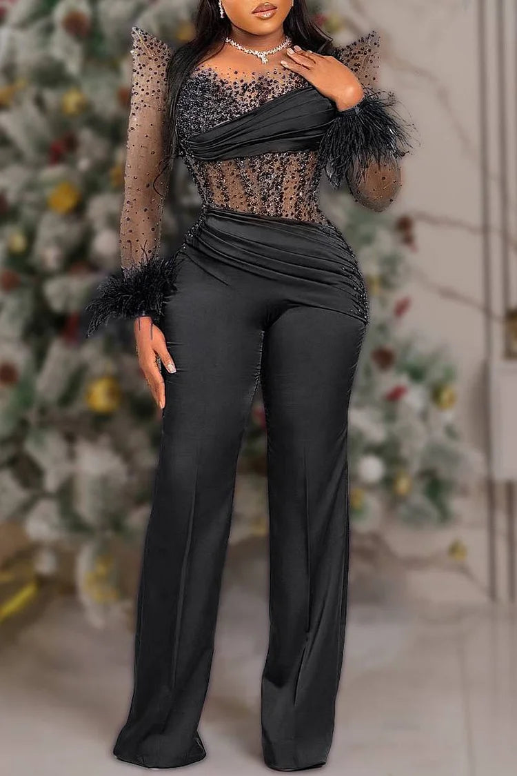 Plus Size Party Black Feather Mesh Sequin Jumpsuits