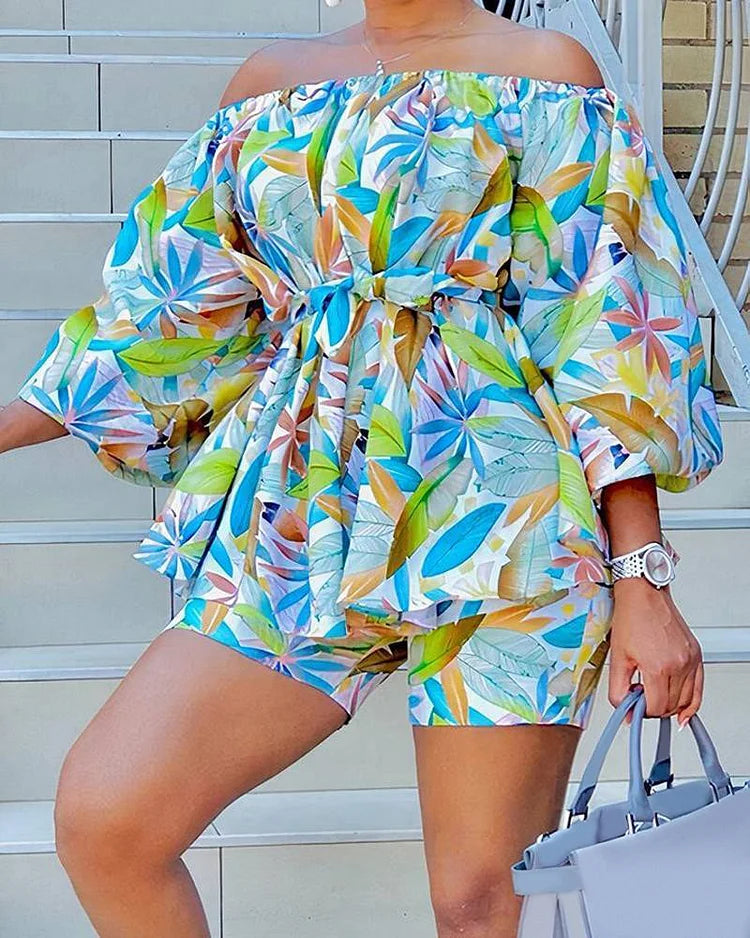 Plus Size Vacation Tropical Leaves Print Off Shoulder Belted Two Piece Short Set