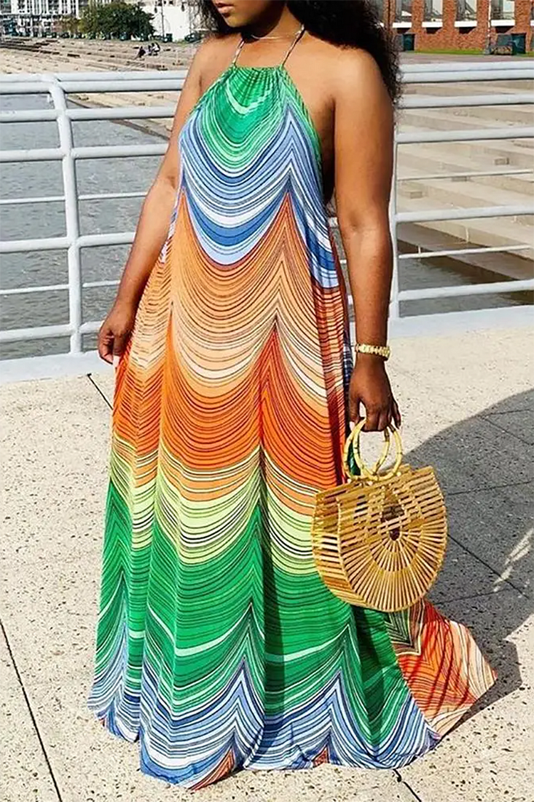Plus Size Multicolor Vacation Colorblock Halter Sleeveless Maxi Dresses