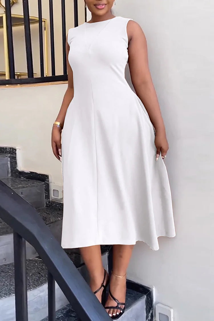 Plus Size White Work Solid Sleeveless Midi Dresses Plus Size White Work Solid Sleeveless Midi Dresses