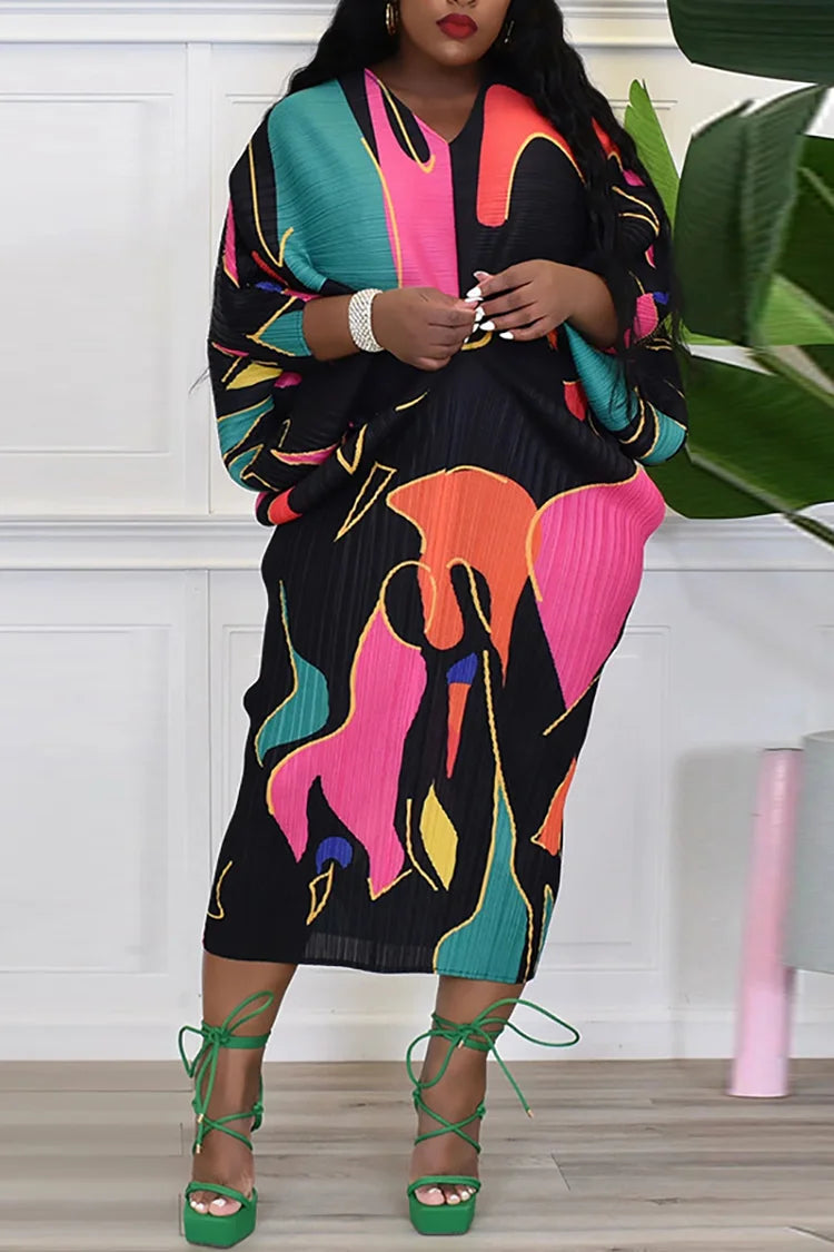 Plus Size Daily V Neck Dolman Sleeves All Over Print Midi Dress