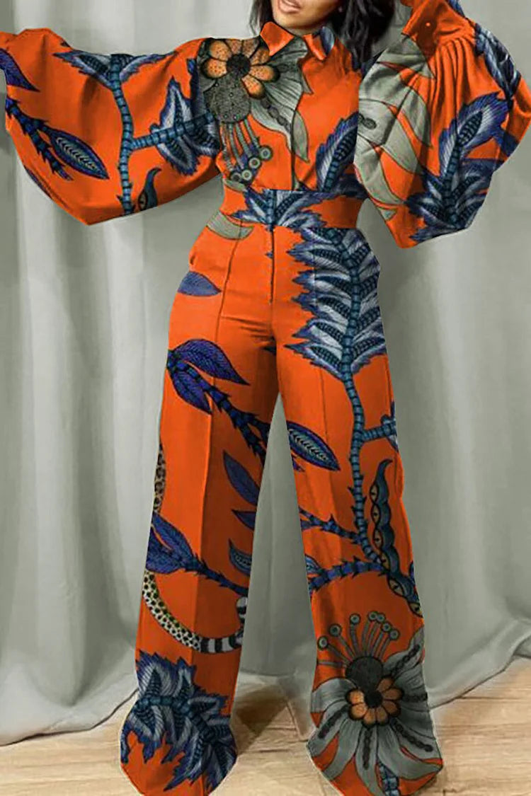 Plus Size Orange Daily Fold Print Puff Sleeve Wide Leg Jumpsuits