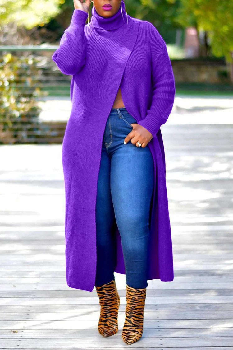 Plus Size Casual Purple Turtleneck Split Long Sleeves Long Sweater Ankle Length Outwear
