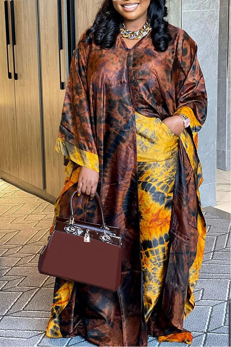 Plus Size Brown Semi Formal All Over Print Kimono Two Pieces Pants Set