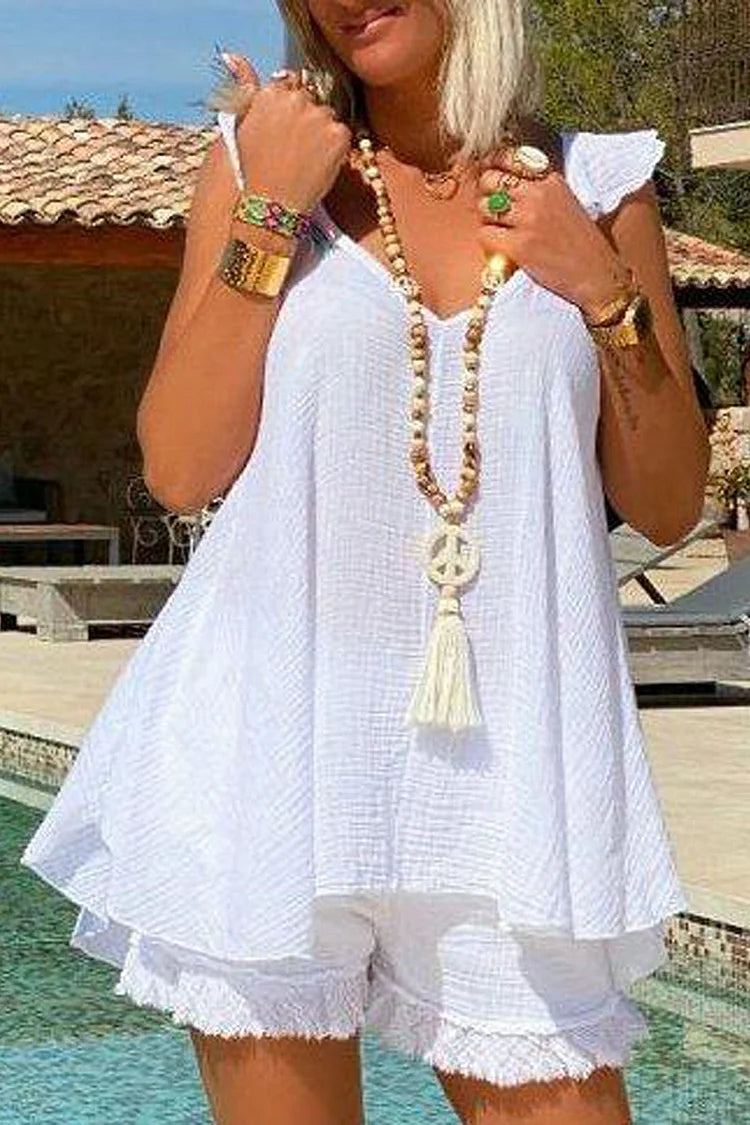 Plus Size White Daily Fringe Solid Two Pieces Short Sets