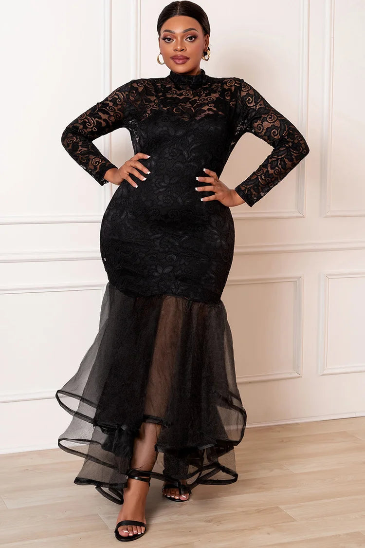 Plus Size Black Party Floral Lace See-through Mesh Hem Mermaid Maxi Dresses