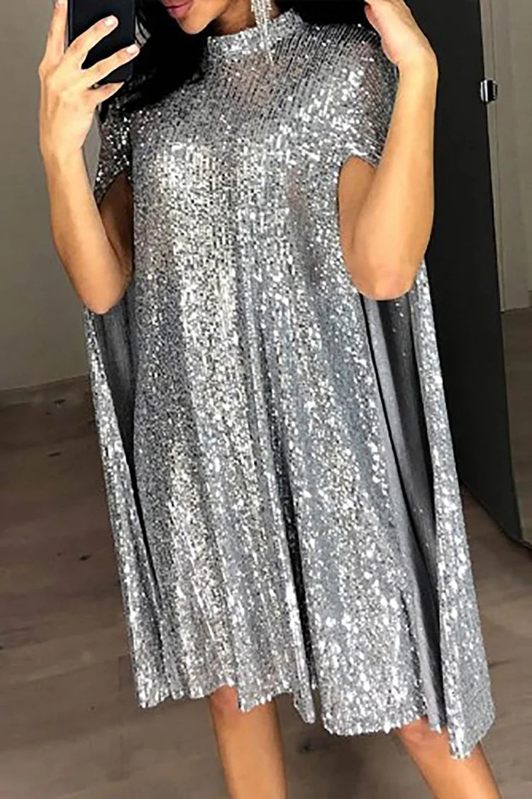 Plus Size Silver Party Spark Sequin Stand Collar Cape Sleeve Midi Dress