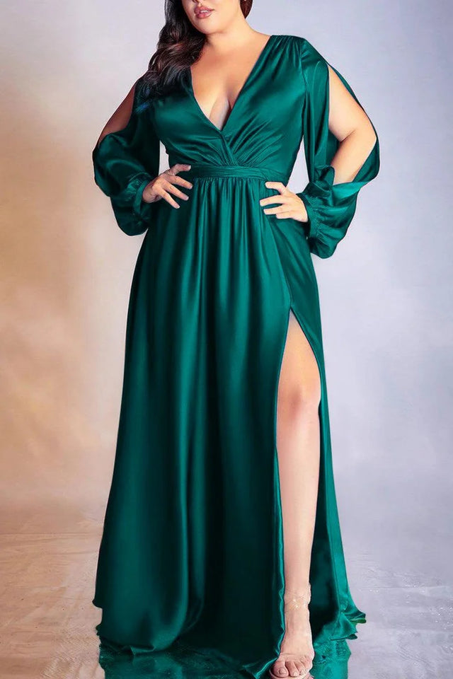 Plus Size Formal Emerald Green Long Sleeve Satin V-Neck Maxi Dress Image