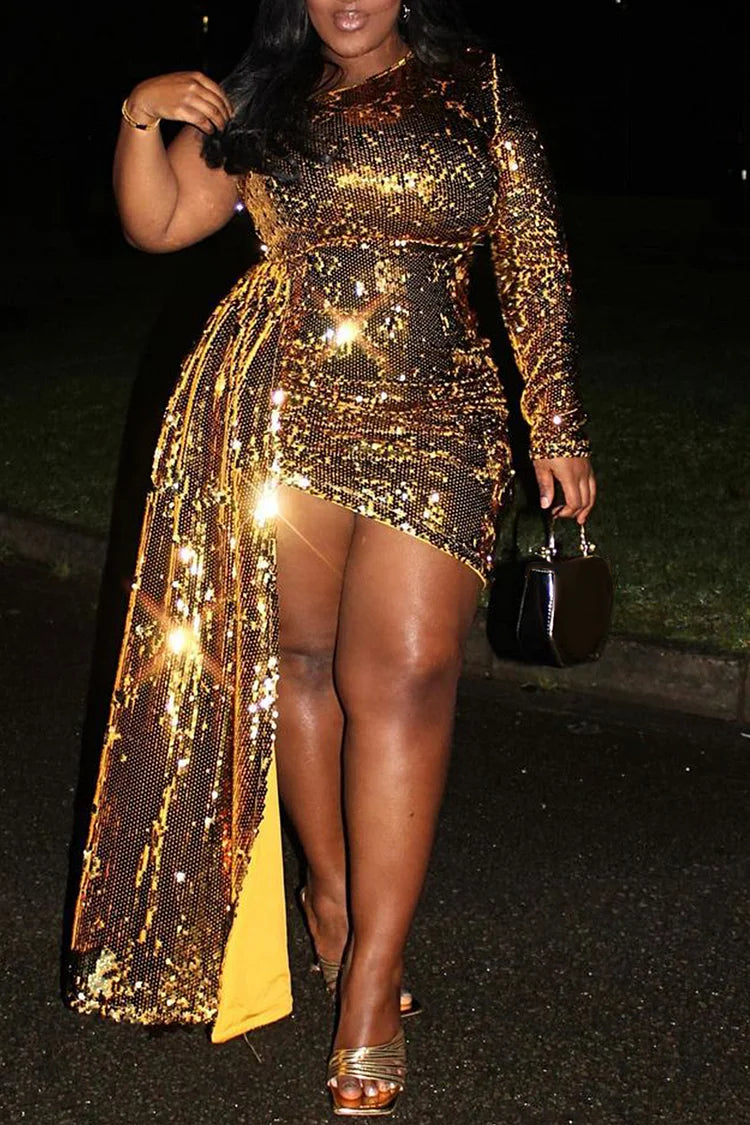 Plus Size Gold Party One Shoulder Side Streamer Long Sleeve Sequin Mini Dress