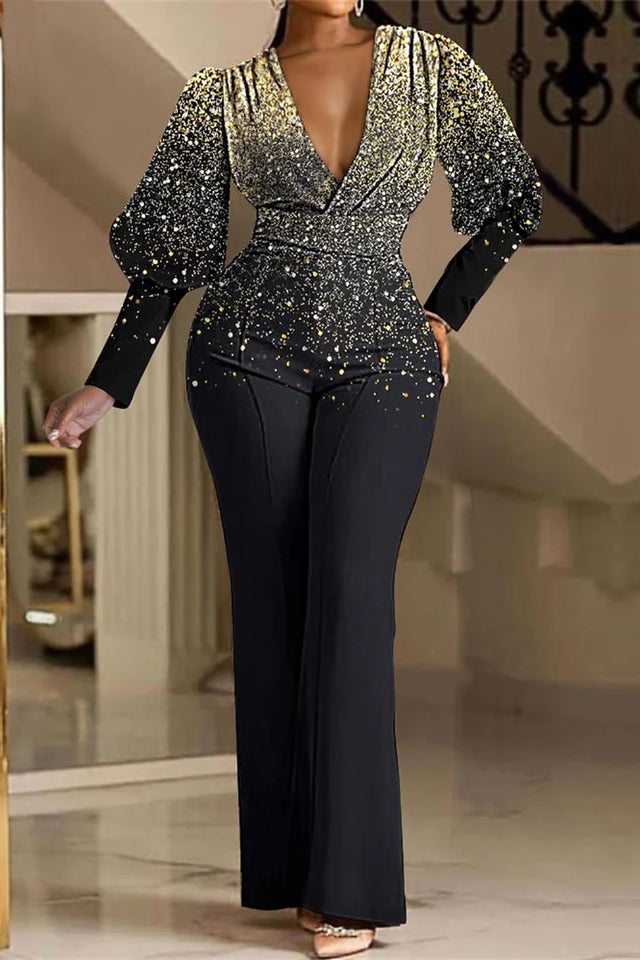 Xpluswear Plus Size Formal Gold Sequin V Neck Lantern Sleeve Long Sleeve Flared Pants Jumpsuits Image