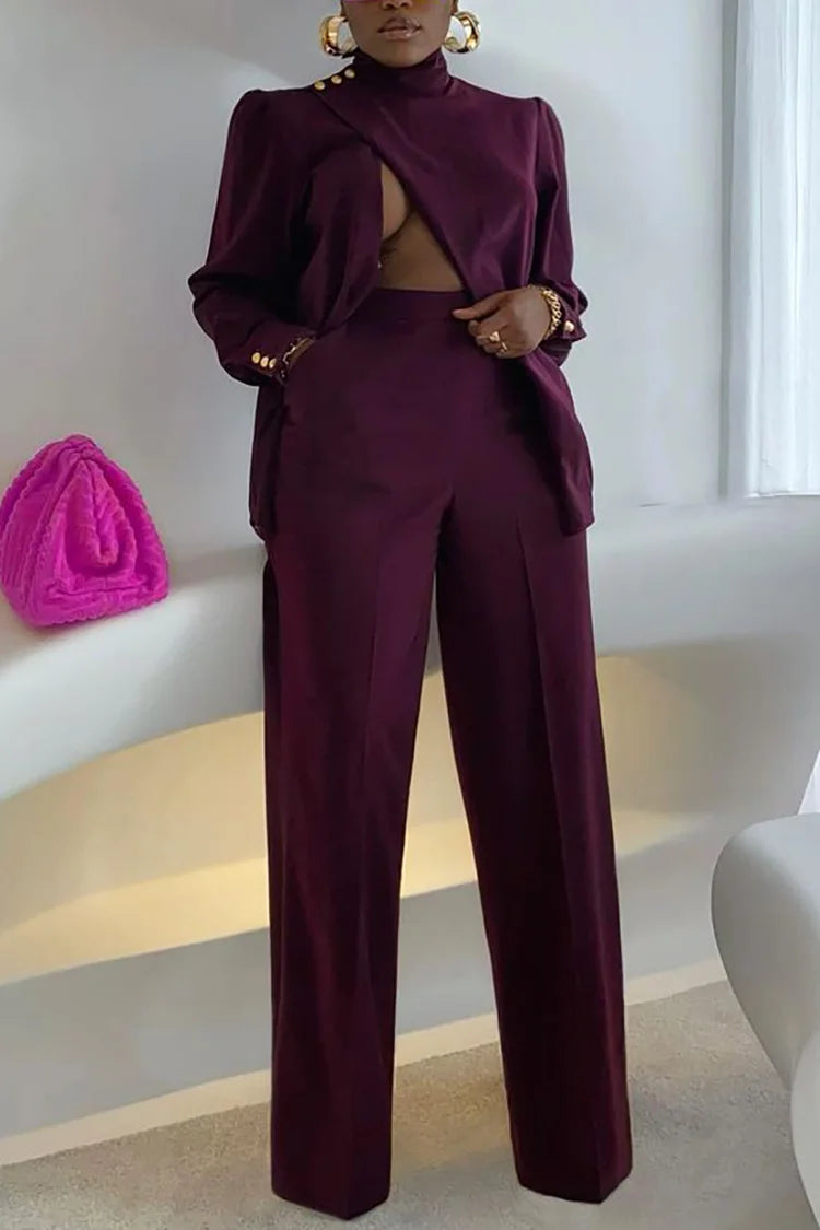 Xpluswear Plus Size Purple Daily Mock Neck Long Sleeve Satin Two Piece Pants Set