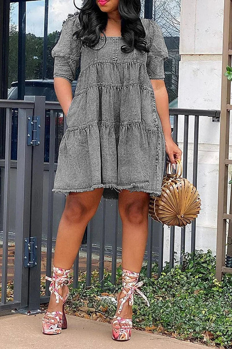 Plus Size Grey Daily Denim Puff Sleeve Babydoll Dress Mini Dress