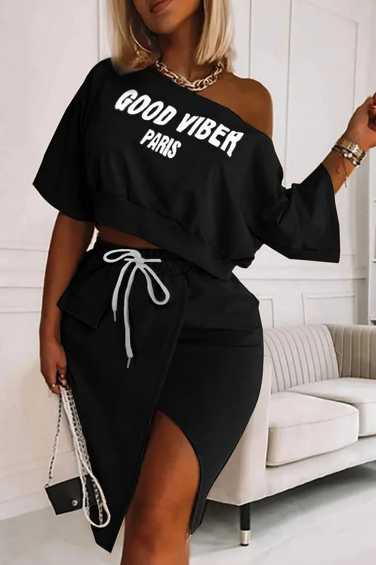 Plus Size Black Daily Letter Print Side Slit Mid-Sleeves Two Pieces Skirt Set