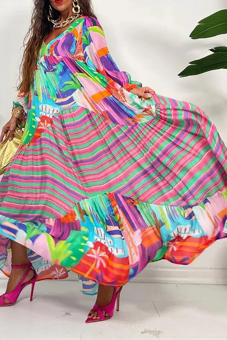 Plus Size Beach Stripe All Over Print Swing Skirt Lantern Sleeve Maxi Dress