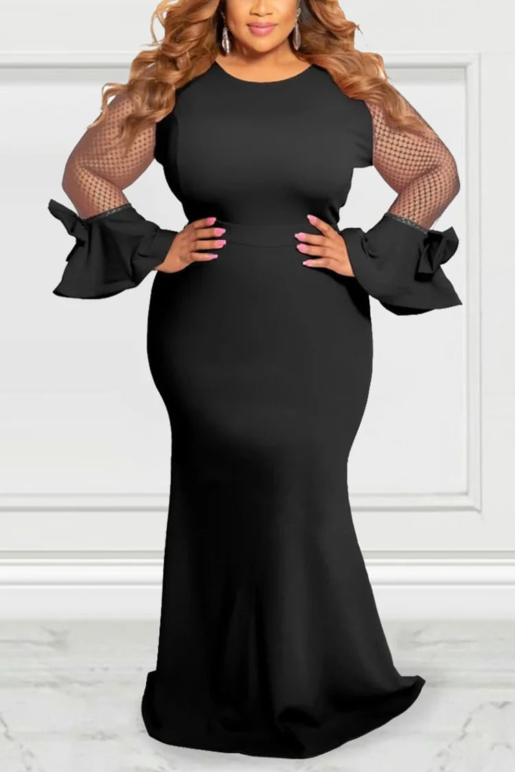 Plus Size Formal Black Mesh Round Neck Long Sleeve Bodycon Maxi Dress