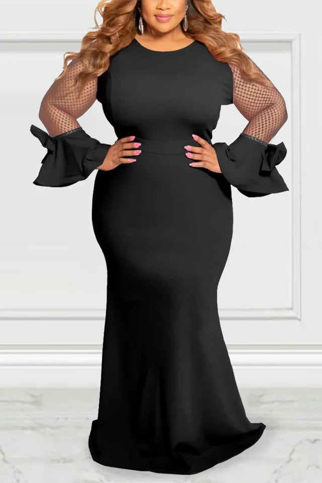 Plus Size Formal Black Mesh Round Neck Long Sleeve Bodycon Maxi Dress Image