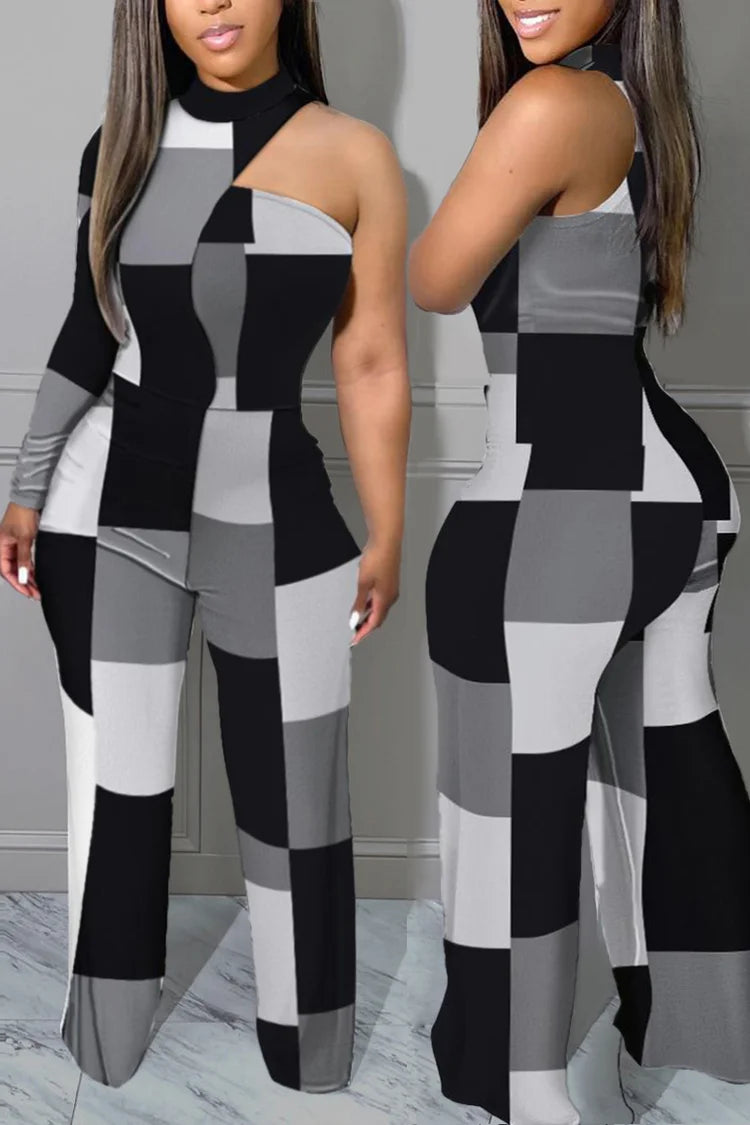 Plus Size Daily One Shoulder Colorblock Plaid Patchwork Skinny Jumpsuits