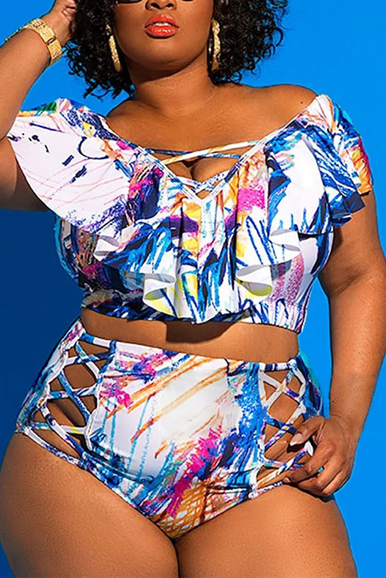 off the shoulder swim dress plus size Raisins Curve Plus Size Floral Off-The-Shoulder Flounce Ruffle Tankini Swim Top & Front Shirring High Waist Swim Bottom