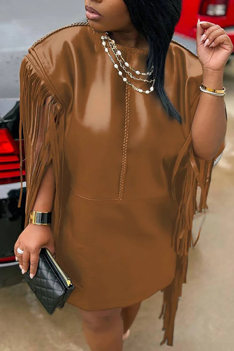 Plus Size Brown Casual PU Leather Tassels Wide Shoulder Mini Dress