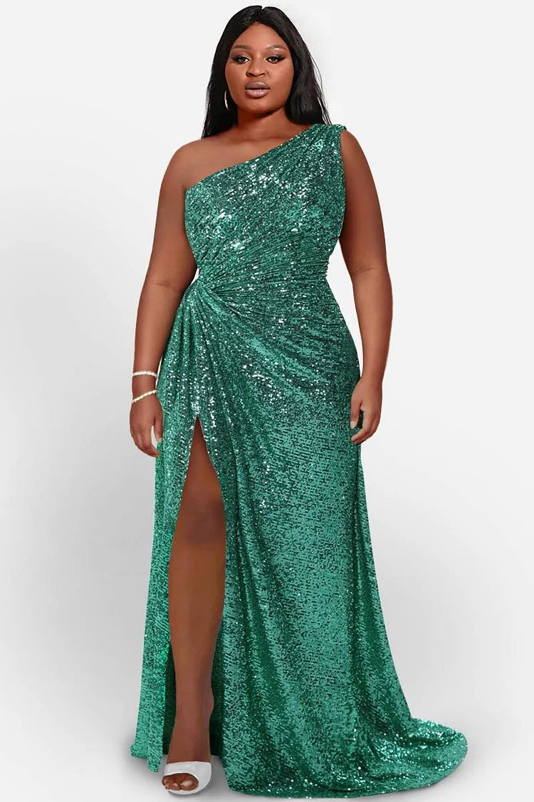 Plus Size Green Formal Sequin One Shoulder High Slit Maxi Dress