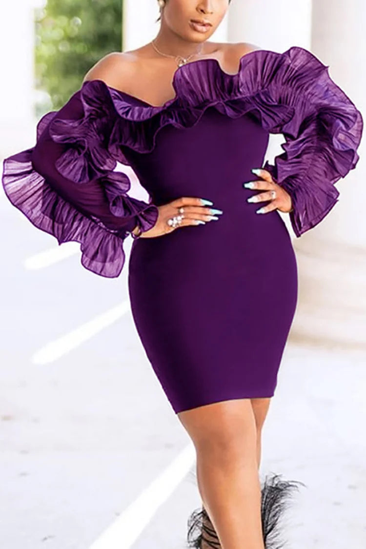Plus Size Purple Party Off Shoulder Ruffle Bodycon Mini Dress