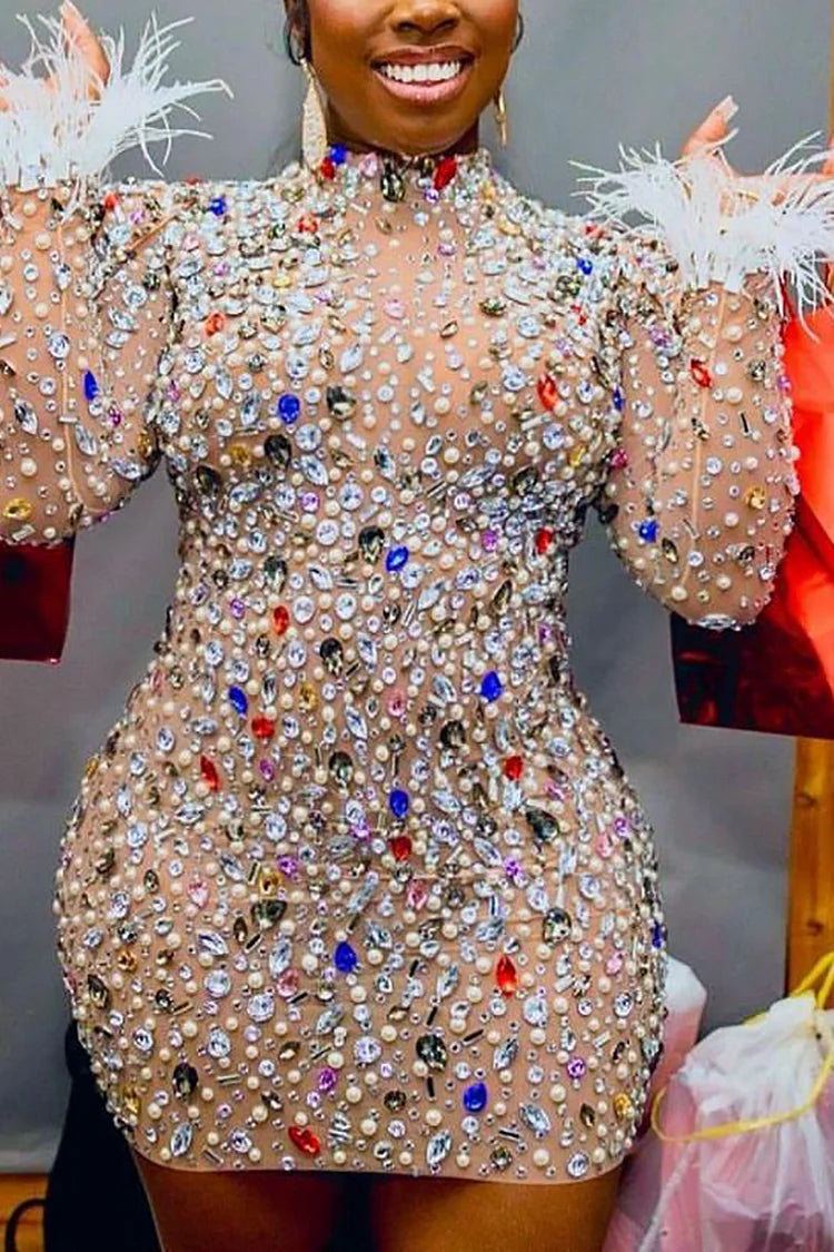 Plus Size Apricot Party Rhinestone Feather Mesh Bodycon Mini Dress