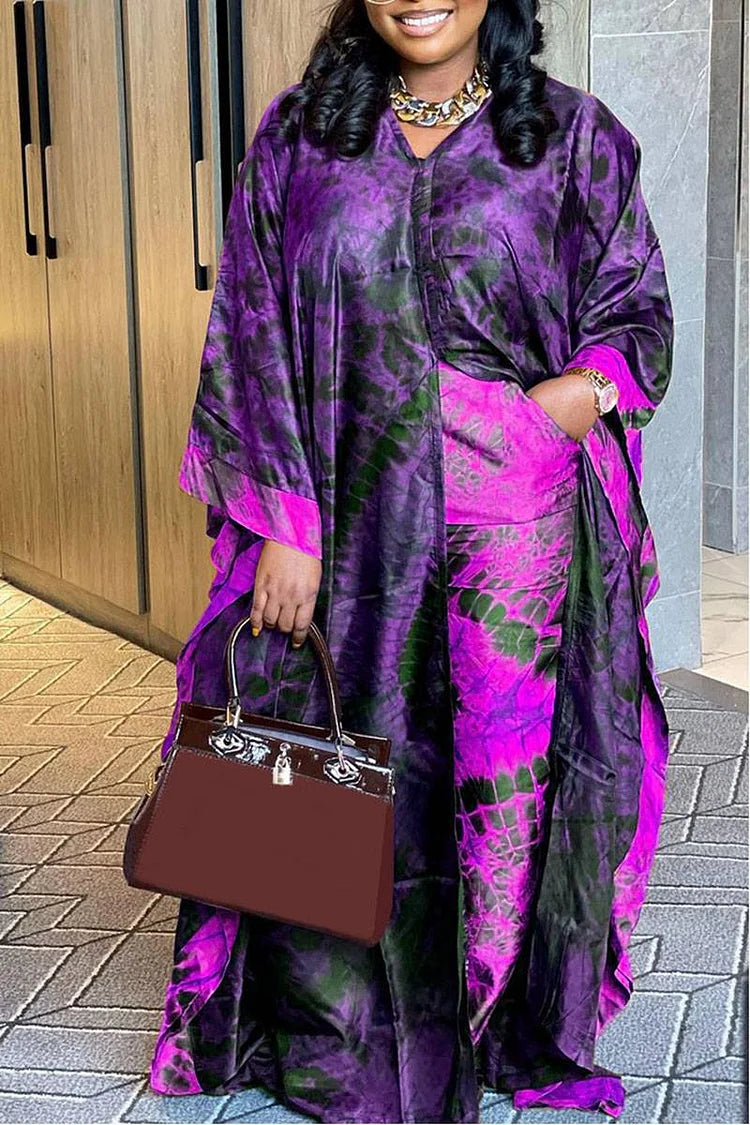Plus Size Purple Semi Formal All Over Print Kimono Two Pieces Pants Set
