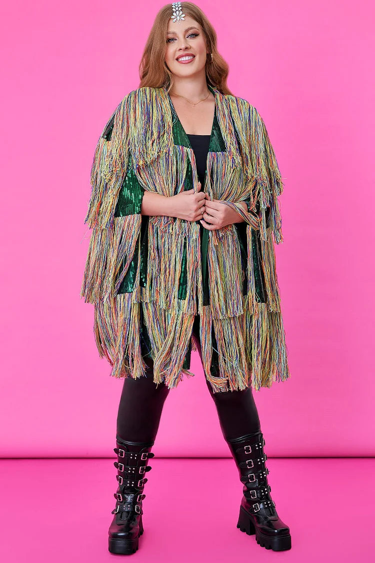 Plus Size Multicolor Party Overlay Fringe Sequin Heavy Cape Outwear