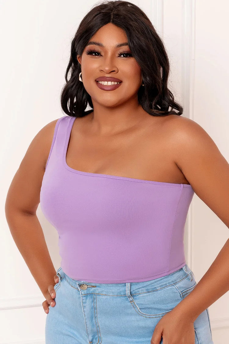 Plus Size Purple Casual One Shoulder Sleeveless Tank Top