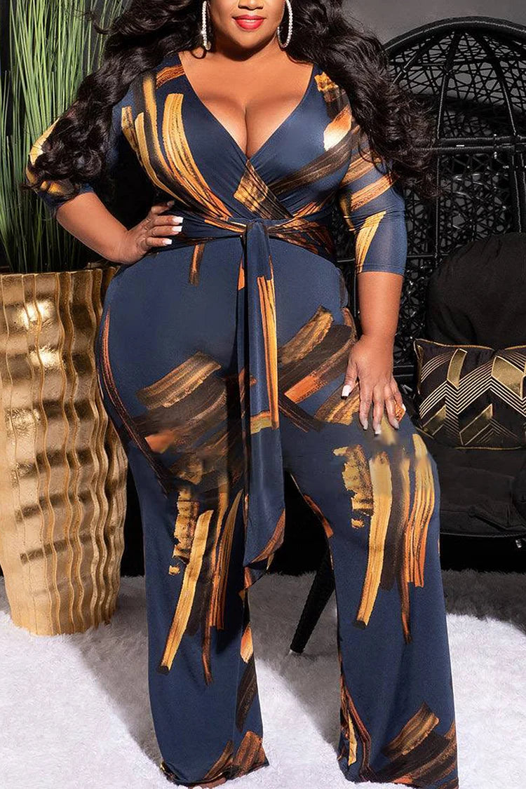 Plus Size Daily Mustard Pattern Print Wrap V Neck Jumpsuit