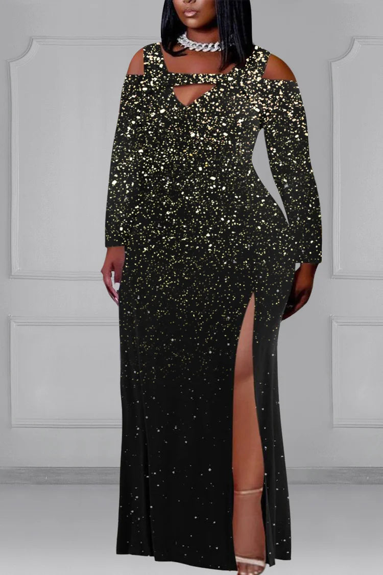 Xpluswear Plus Size Black Glitter Print Formal Elegant One Shoulder Ruched  High Slit Maxi Dress