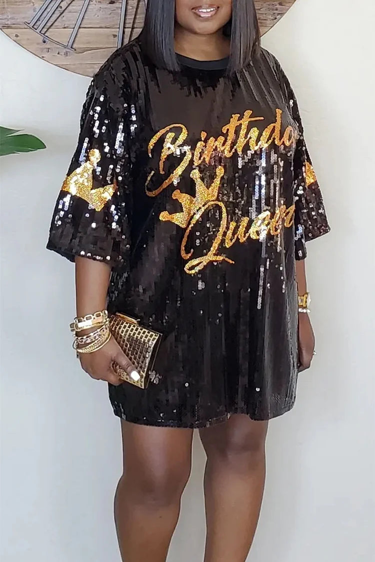 Plus Size Black Daily Letter Print Round Neck Short Sleeve Sequin Mini Dress