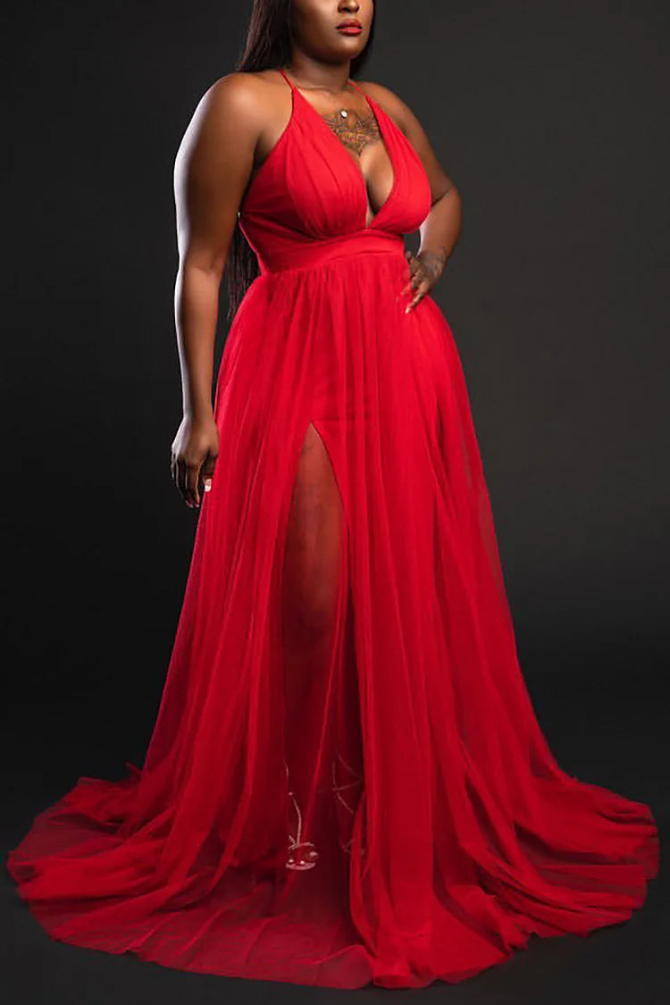 Plus Size Red Party V Neck High Slit Sleeveless Mesh Maxi Dress