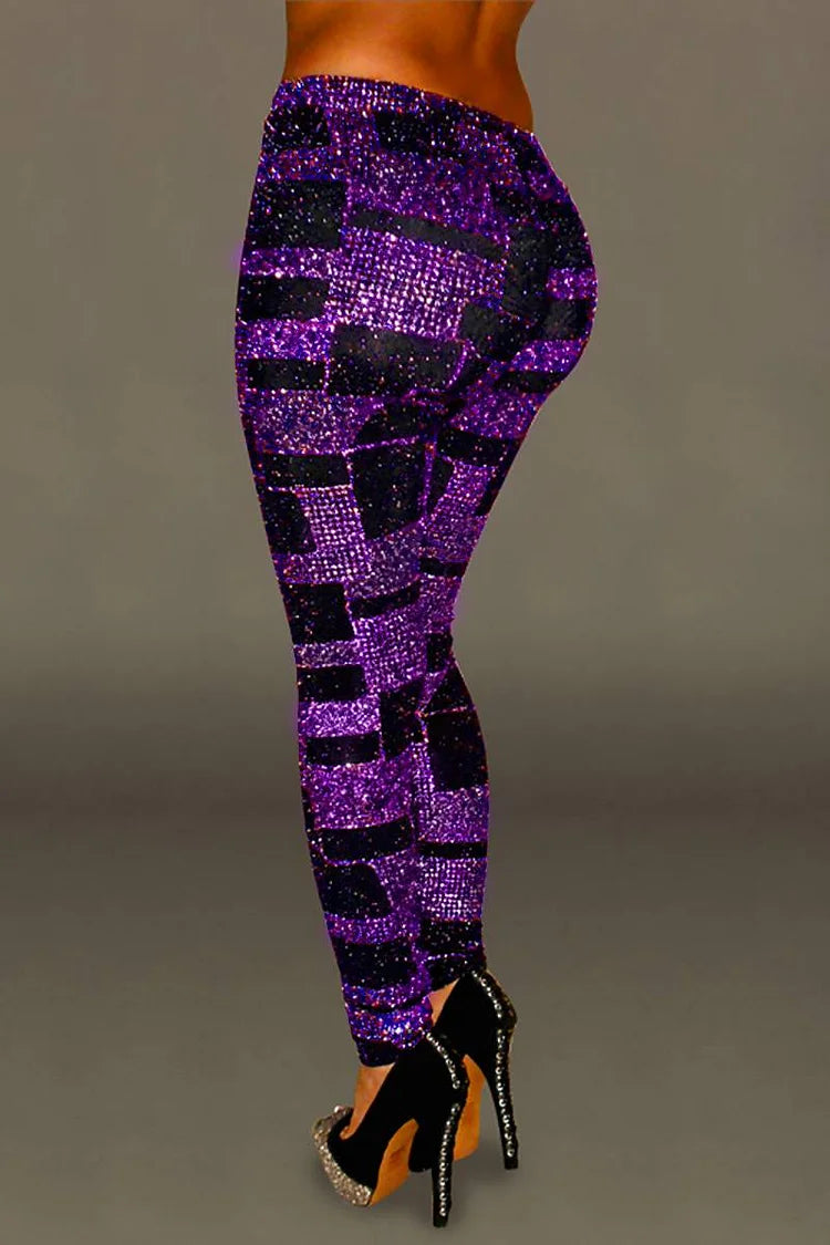Plus Size Party Glitter High Waist Purple Leggings
