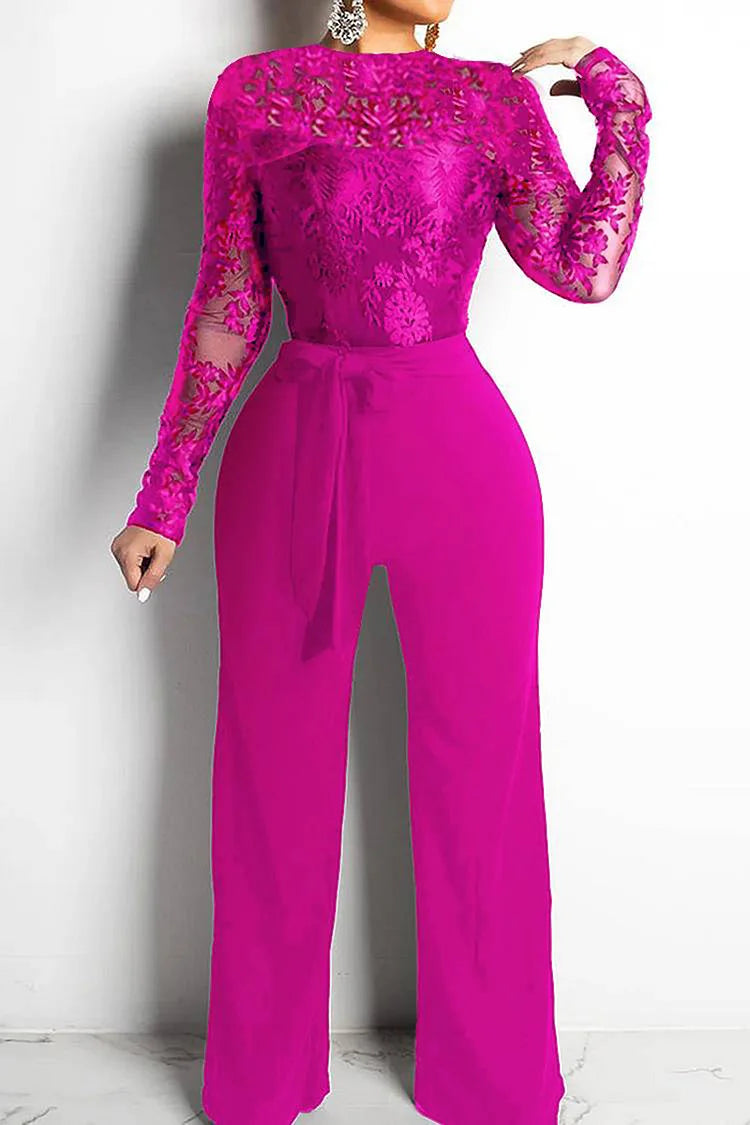 Plus Size Rose Red Semi Formal See-Through Lace Long Sleeve Black Jumpsuits